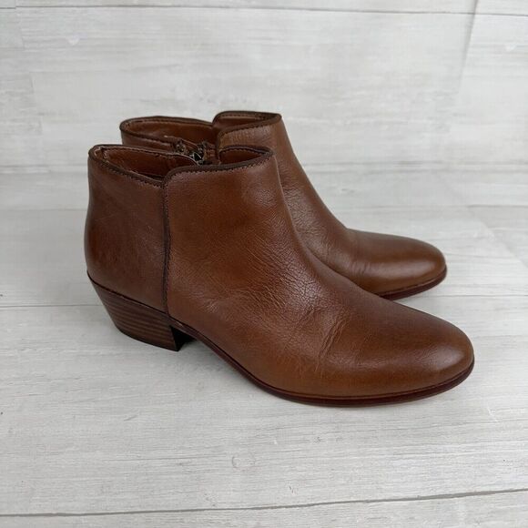 Sam Edelman Women 7 Petty Boots Brown Leather Bootie Block Low Heel Side Zip - Picture 1 of 14